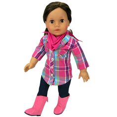 the doll is wearing pink boots and a plaid shirt with blue jeans, black hair and brown eyes