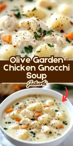 chicken gnocchini soup in a white bowl with text overlay that reads, olive garden chicken gnocchini soup