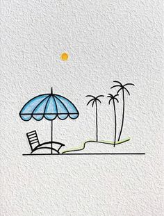 a drawing of an umbrella, chair and palm trees on a white paper with yellow sun in the background