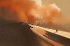 a painting of a person walking in the desert with an orange sky behind them and clouds above