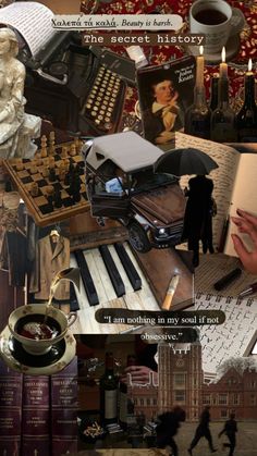 the collage shows many different things that are in this photo, including books and an old - fashioned typewriter