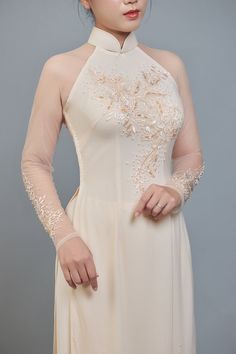 Wedding Ao Dai in Champagne Color Lace & Chiffon Fabric. Features Beautiful Hand Beading. - Etsy Vietnam Wedding Ao Dai, Lace Chiffon, Champagne Color, Chiffon Lace, Chiffon Fabric, Hand Beading, Beautiful Hand, Beading, Vietnam