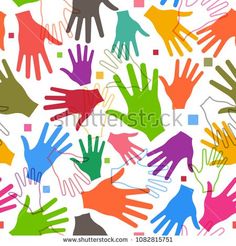 many different colored hands are shown in this colorful pattern with squares and rectangles