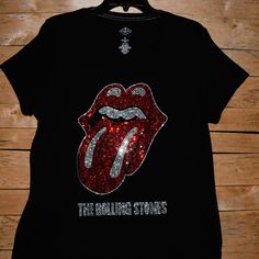 At This Time, I Am Not Accepting Offers For Any Of My Rolling Stones Shirts As I Have Very Limited Supplies. Custom Made To Order Rolling Stones Rhinestone Bling Shirt Black Short Sleeved Vneck Shirt Available As A Round Neck In My Other Listing. This Shirt Features A Large Stones Design With 1000's Of Sparkling Very Colorful Rhinestones. Great Concert Shirt Or Just A Great Way To Celebrate The Amazing Rolling Stones. Shirts Used Are First Quality Retail Shirts That Run True To Size. They Do Not Black V-neck Tops With Rhinestones, Black V-neck Top With Rhinestones, Rhinestone Clothes, Rolling Stones Shirt, Rhinestone Outfit, Bling Shirt, Bling Top, Rhinestone Shirt, Rhinestone Projects