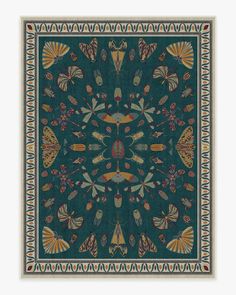 a green and yellow square rug with an intricate design on the center, surrounded by butterflies