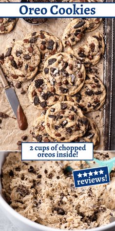 the recipe for oreo cookies is shown in three different pictures, including one with chocolate chips