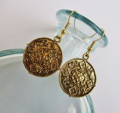 Gold dangle charm earrings, 1 3/4 inches Brass Medallion Earrings As A Gift, Nickel Free Brass Medallion Earrings, Nickel-free Brass Medallion Earrings, Gold Dangle Earrings With Vintage Charm, Handmade Medallion Earrings For Gift, Handmade Medallion Earrings As Gift, Vintage Cadmium-free Earrings As Gift, Nickel Free Medallion Earrings Gift, Handmade Antique Gold Drop Earrings