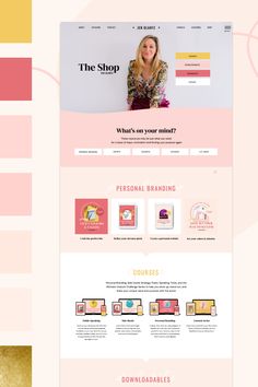 the shop website is displayed on a pink and yellow background