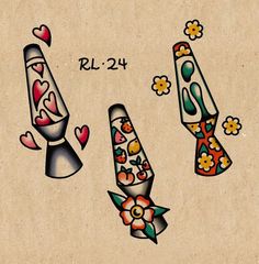 an old school tattoo design with flowers and rockets