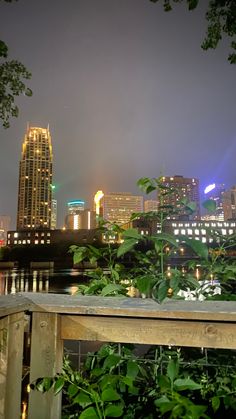 the city skyline is lit up at night with lights in the sky and green foliage