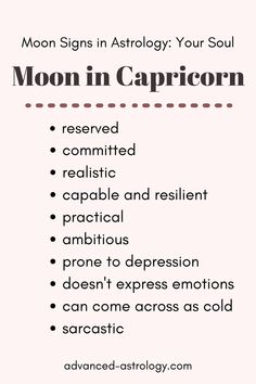 the moon in capricorn is shown with text