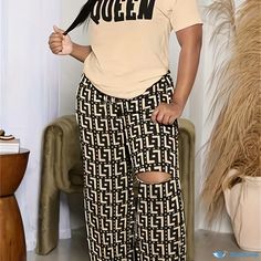 Orcajump - 2pcs Tee & Pants Outfit, Queen Print T-Shirt & Allover Print Wide Leg Pants, Women's Clothing Wide Leg Pants Women, Printed Wide Leg Pants, Pants Outfit, Leg Pants, Wide Leg Pants, Print T Shirt, Women's Clothing, Wide Leg, Spandex