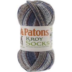 patons kroy socks yarn in grey and blue colors on a white background