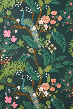 a wallpaper design with peacocks and flowers on it's dark green background