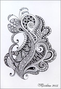 a black and white drawing of an abstract design with swirls, dots and circles