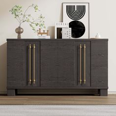 a modern sideboard with brass handles in a living room