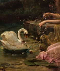 a painting of a swan being chained to a stone wall by a woman in a pink dress