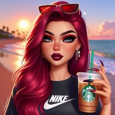 a painting of a woman with red hair and sunglasses holding a starbucks drink on the beach