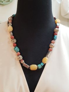 Estate Handcrafted Natural Gem Necklace Beautiful ALL NATURAL stones of Turquoise, Indian Paint Jasper, And Yellow Calcite There are also carved wooden beads spaced throughout, and even the Sterling Silver beads are custom and unique! All Sterling Silver, complete chain and all findings Heavy Duty and Fabulous 23" length There is room to add an enhancer pendant if you wish💕 Large C-style hook clasp Hallmarked 925 Contact me with any questions Bohemian Jewelry With Large Rectangular Beads, Bohemian Rectangular Beaded Necklace, Multicolor Beaded Rectangular Necklace, Bohemian Rectangular Necklaces With Colorful Beads, Unique Multicolor Rectangular Necklace, Unique Multicolor Necklace, Multicolor Rectangular Bohemian Beaded Necklaces, Bohemian Multicolor Rectangular Beaded Necklaces, Large Rectangular Multicolor Beads