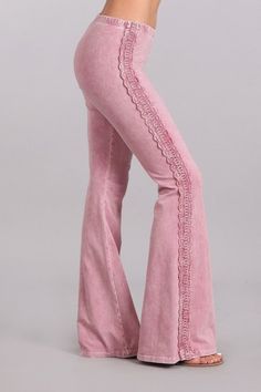 Another beautiful creation from Chatoyant. Mineral washed bell bottom pants with crochet lace on side seam and elastic waist. Each item is hand-dyed, should expect variations. American made Cotton/Spandex 93/7 Jersey Made in USA Stay Sexy! Diy Lace Jeans, Pink Bell Bottoms, Lace Bell Bottoms, Trouser Pattern, Lace Jeans, Crochet Pants, Soft Pants, Jeans Diy, Pink Jeans