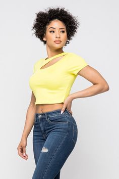 Crop tops are essential in every girl's wardrobe and we're obsessing over our vibrant yellow crop top. Featuring a stretch kitted material with short sleeves and a round neckline, and a cut-out detailing which exposes the skin for a real statement-making look. Pair with your favorite blue wash denim jeans or with cargos and high heels to complete the look Front Cut Out Soft Fabric Fitted Crop Top Comfortable Short Sleeve Top Material: 90% Polyester, 10% Nylon XOBPCC-09 Fitted Crop Top, Yellow Crop Top, Bohemian Maxi Dress, Corset Crop Top, Workout Crop Top, Swimwear Dress, Jean Accessories, Yellow Top, Girls Wardrobe