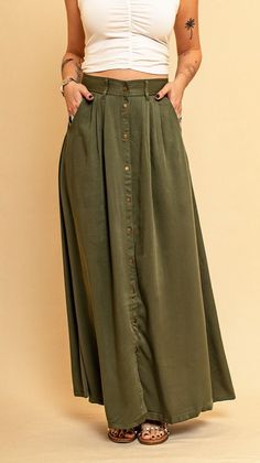 F00141557-213 Button Skirt Shop, Casual Fitted Maxi Skirt With Button Closure, Solid Skirt With Button Closure, Casual Long Skirt With Button Closure, Solid Color Skirt With Button Closure, Casual Flowy Maxi Skirt With Button Closure, Green Button-up Bottoms, Casual Relaxed Maxi Skirt With Button Closure, Flowy Skirt Bottoms With Button Closure