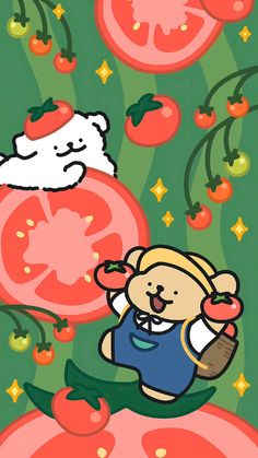 an image of a cartoon character with tomatoes and cherries in the background, as well as a teddy bear