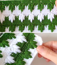 crocheted flowers are being stitched onto the side of a piece of cloth