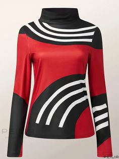 Peilia - Stylish Colorblock Stripe Print Mock Neck T-Shirt: A Chic Long Sleeve Top for Spring and Fall, Ideal for Fashion-forward Women Fitted Multicolor Contrast Color Top, Fitted Multicolor Contrast Top, Retro Long Sleeve Top With Contrast Color, Retro Contrast Color Tops For Fall, Black Long Sleeve Tops With Color Matching, Red Contrast Color Crew Neck Tops, Mock Neck And T Shirt, Fall Care, Elegant Fabric