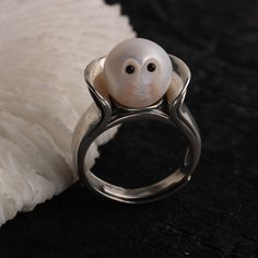 Moon Face Pearl Ring Hand Engraving Freshwater Pearl Ring - Etsy Polished Open Moonstone Ring As Gift, Sterling Silver Pearl Ring With Polished Finish For Anniversary, Wedding Pearl Ring Stamped 925 In Sterling Silver, Wedding Pearl Ring In Sterling Silver, Unique White Gold Anniversary Ring, Anniversary White Gold Ring With Unique Design, Sterling Silver Polished Moonstone Ring As Gift, Sterling Silver Moonstone Ring With Polished Finish, Unique Sterling Silver Pearl Ring For Wedding