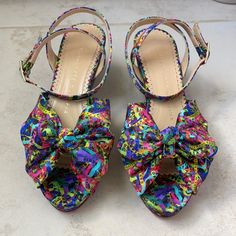 Brand New Never Worn Alexa Bahia Printed Peep Toe Bow Knot Wedge Sandals With Logo Multicolor Colorful Ribbon Pattern With Adjustable Ankle Strap 2.5” Heel With 0.5” Platform D7 Multicolor Flat Sandals For Parties, Summer Flat Heels With Wrapped Heel, Colorful Open Toe Heels For Summer, Colorful Closed Toe Heels For Summer, Colorful Closed Toe Summer Heels, Chic Multicolor Wedge Sandals For Spring, Multicolor Ankle Strap Sandals With Wrapped Heel, Multicolor Ankle Strap Heels For Vacation, Multicolor Heels With Heel Strap For Vacation