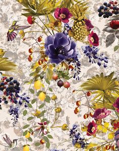 a floral wallpaper with many different flowers and berries on the bottom half of it