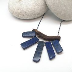 Tribal Lapis Necklace Gemstone Pendant Driftwood Necklace Adjustable Blue Nature-inspired Necklace, Blue Adjustable Nature-inspired Necklace, Blue Handmade Rustic Necklace, Rustic Handmade Blue Necklace, Rustic Blue Handmade Necklace, Blue Rustic Necklace For Gifts, Rustic Blue Necklace For Gifts, Rustic Blue Necklace For Gift, Stone Crochet