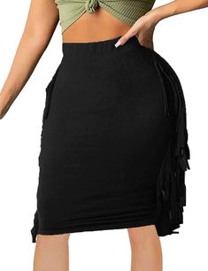 Black Solid Color Tasseled Skirt Spring Black Bottoms With Tassels, Summer Mini Skirt With Tassels, Casual Fringe Mini Skirt, Casual Mini Skirt With Fringe, Summer Fringe Pencil Skirt, Summer Fringe Mini Skirt, Black Tasseled Skirt For Spring, Summer Fringe Midi Skirt, Fringe Midi Skirt For Summer