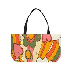 Ready for an unexpected weekend getaway? Got some sun, sand and surf in mind? Then you don't want to be without our Retro Groovy Weekender Tote Bag! This funky mid mod beach bag will help get you and all your essentials there in style. Featuring a vibrant 70s Sunburst Floral design, this 100% spun polyester bag offers a roomy interior lined with black fabric for all your gear. The stylish detailing, like the t-bottom construction and black handles, make it the perfect carryall - whether you're h Retro Canvas Shopping Tote Bag, Retro Canvas Tote Bag For Shopping, Retro Summer Beach Bag For Travel, Retro Rectangular Canvas Travel Bag, Retro Canvas Bag With Large Capacity For Shopping, Retro Rectangular Shoulder Bag For Vacation, Retro Large Capacity Canvas Shopping Bag, Retro Summer Beach Bag, Retro Summer Beach Bags