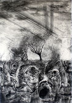 a black and white drawing with trees in the background