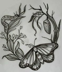 a black and white drawing of two butterflies