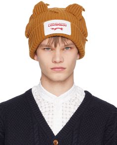 Rib knit RWS-certified lambswool and recycled nylon-blend beanie in brown. Exposed seams and loose threads throughout. · Textile logo patch at rolled brim · Graphic appliqués at crown and back Supplier color: Turmeric/Ecru Fox Beanie, Charles Jeffrey Loverboy, Charles Jeffrey, Exposed Seams, Crochet Inspo, Textile Logo, Patch Logo, Rib Knit, Fox