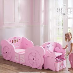 Give your little princess a royal retreat at bedtime with this Disney Princess Carriage toddler-to-twin bed frame. Â© DisneyFind the right mattress for baby's crib. Shop Now. Easily transforms from toddler to twin using the included conversion kitToddler version holds standard crib mattress (not included) & twin version accommodates standard twin mattress (not included)Box spring & optional bunky board not includedRemovable storage benchDisney Princess easy-to-apply stickersRhinestone ac Princess Beds For Toddlers, Disney Princess Toddler Bedding, Princess Beds With Slides, Childrens Castle Bed, Princess Slide Bed, Princess Castle Bunk Beds, Toddler Fairy Bed, Castle Bed Kids, Princess Castle Bunk Bed With Slide