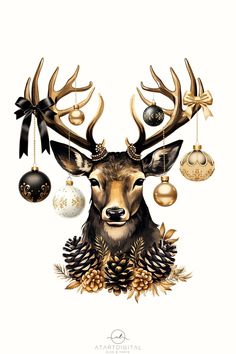 a deer head with christmas ornaments hanging from it's antlers