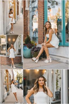 a woman in white dress posing for pictures