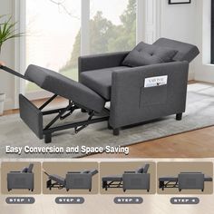 the easy convertible and space saving recliner is shown with instructions to fold it over