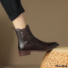 Olivia Mark - Top Grain Leather Chelsea Boots with Square Heels and Rounded Toe, Vintage European and Korean Style Flat Boots Slip on Soft Casual Pointed Toe Chelsea Boots For Work, Pointed Toe Chelsea Boots For Work, Chelsea Boots With Round Toe For Office In Fall, Chelsea Boots With Round Toe For Office And Fall, Round Toe Chelsea Boots For Office In Fall, Workwear Chelsea Boots With Reinforced Heel, Chelsea Boots Heel, Square Heels, Vintage European