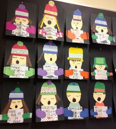 a group of children's paper cut outs hanging on a wall with hats and gloves