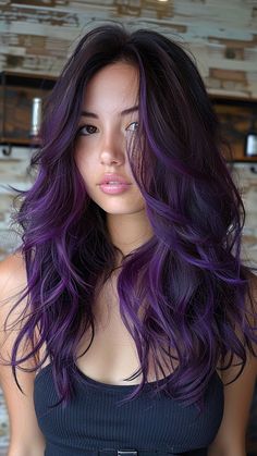 30 Hair Color Ideas That Will Make You Stand Out in a Crowd Dark Brown And Purple Hair Split Dye, Violet Hair With Money Piece, Colorful Hair For Brunettes, Multi Purple Hair, Purple Highlights For Dark Brown Hair, Dark Purple Halo Hair, Purple Dimensional Hair, Purple Hair On Brunette, Dark Brown With Purple Underneath