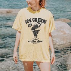 Ice Cream Bar Comfort Colors Shirt, Oversized T-shirt, Retro Graphic Shirt, Summer Shirt, Unisex Graphic Tees, Gift for her ITEM DETAILS: ♡ 6.1 oz., 100% ring spun USA cotton ♡ Preshrunk, soft-washed, garment-dyed fabric ♡ Made with sustainably and fairly grown USA cotton & sewn with USA cotton thread ♡ Relaxed fit & Sewn-in Twill Label SIZE recommendations: This is a standard unisex size Comfort Colors Tee. Please review the size chart to ensure you receive the fit you want.  It's comfortable f Oversized Short Sleeve Slogan Shirt, Oversized Short Sleeve Screen Print Shirt, Oversized Short Sleeve Shirt With Screen Print, Oversized Yellow T-shirt With Letter Print, Yellow Oversized Graphic Tee, Oversized Yellow Screen Print Top, Yellow Oversized Short Sleeve Shirt, Oversized Yellow Graphic T-shirt, Oversized Yellow Graphic Print T-shirt