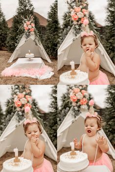 First Birthday Teepee Photoshoot, First Birthday Outdoor Photoshoot, Cake Pink And White, Pink Smash Cake, Pink Smash Cakes, Outdoor Cake Smash, Girls Teepee, Outside Light, 1st Birthday Girl Decorations