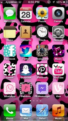 an iphone with many different icons on the front and back side, all in pink camo