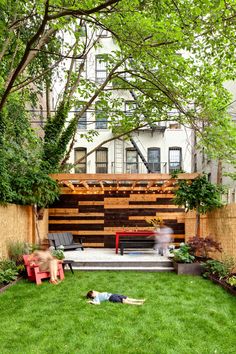 the backyard is clean and ready to be used as an outdoor space for people to relax