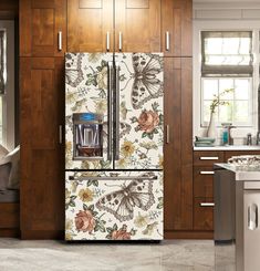 the refrigerator is decorated with flowers and butterflies